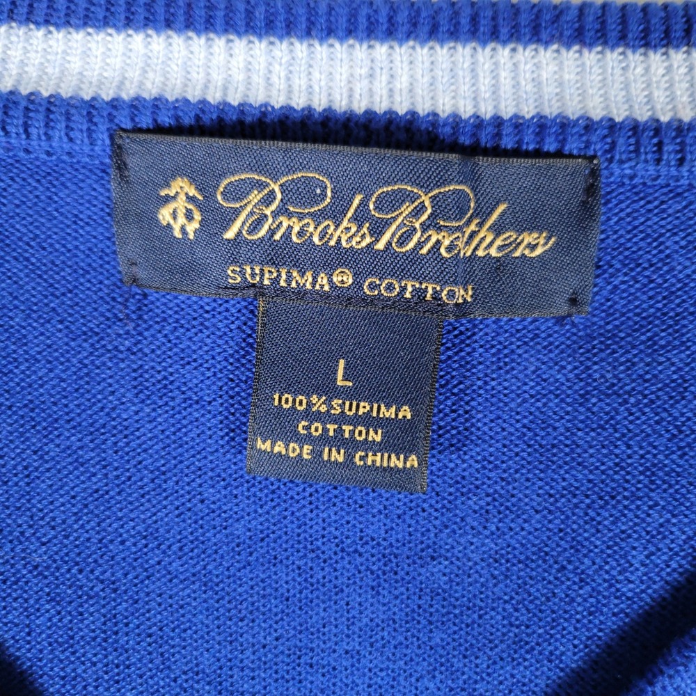 Brooks Brothers Supima Cotton V-Neck Sweater Royal Blue Striped Trim Mens L - Picture 2 of 11